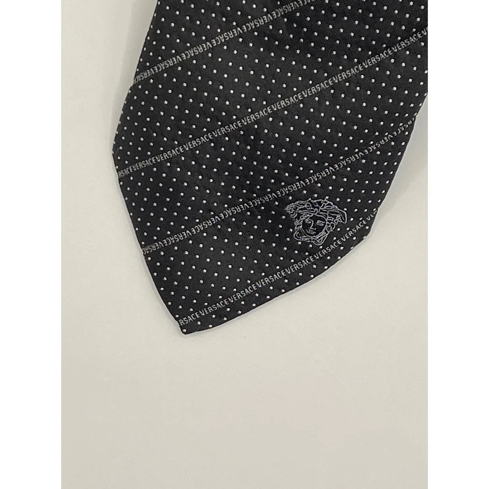 Rare Gianni Versace Men's Black Polka Dot Silk‎ Necktie Medusa Logo Italy Formal